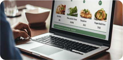 A man is surfing the restaurant menu with his laptop.