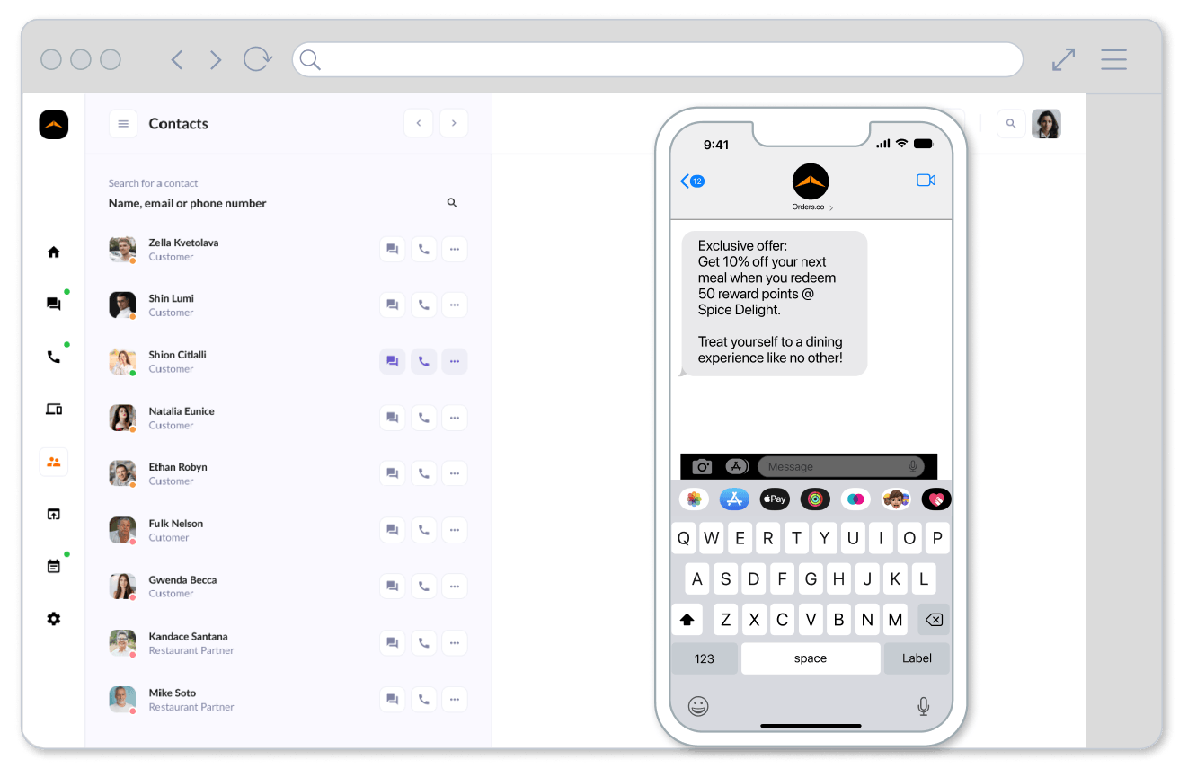 A smartphone mockup with a list of contacts.