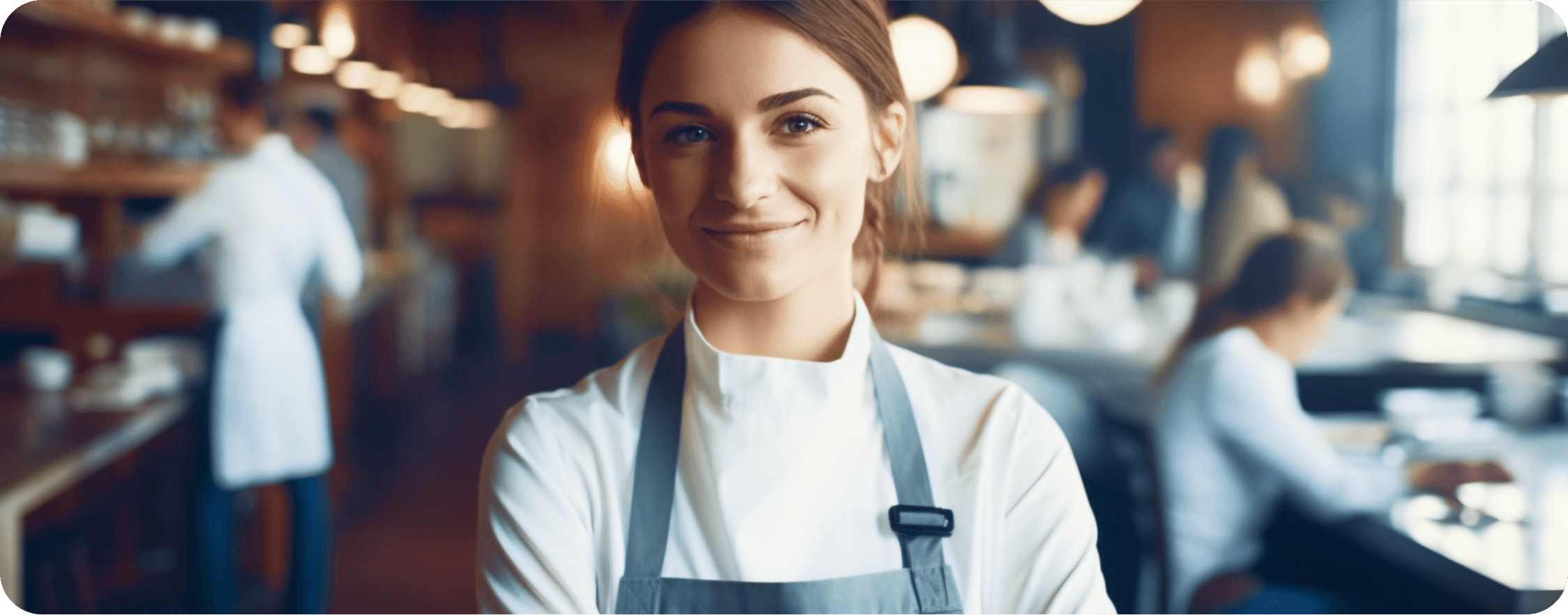 A waiter, standing in the middle of the restaurant and smiling.